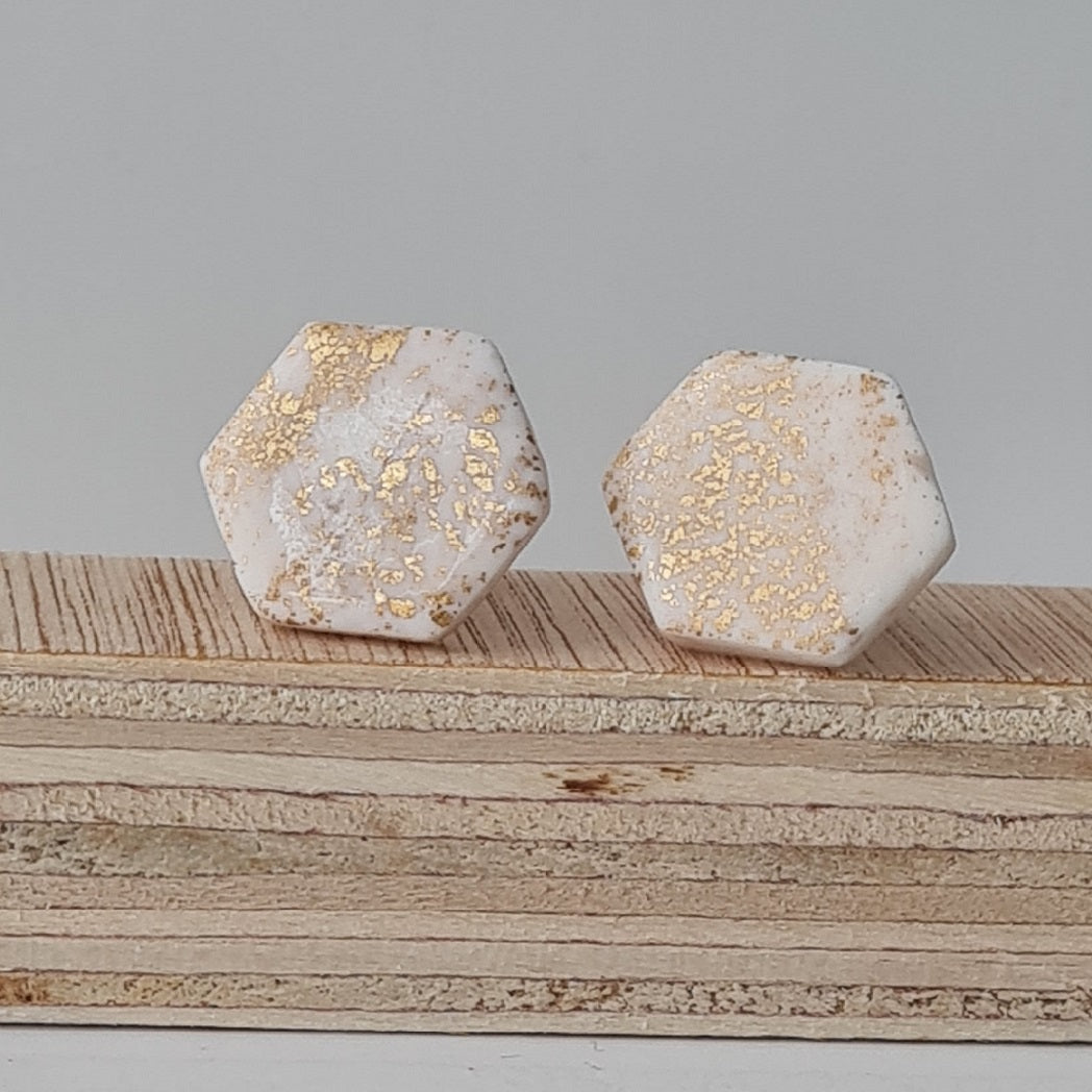 White Hexagonal Gold Leaf Stud