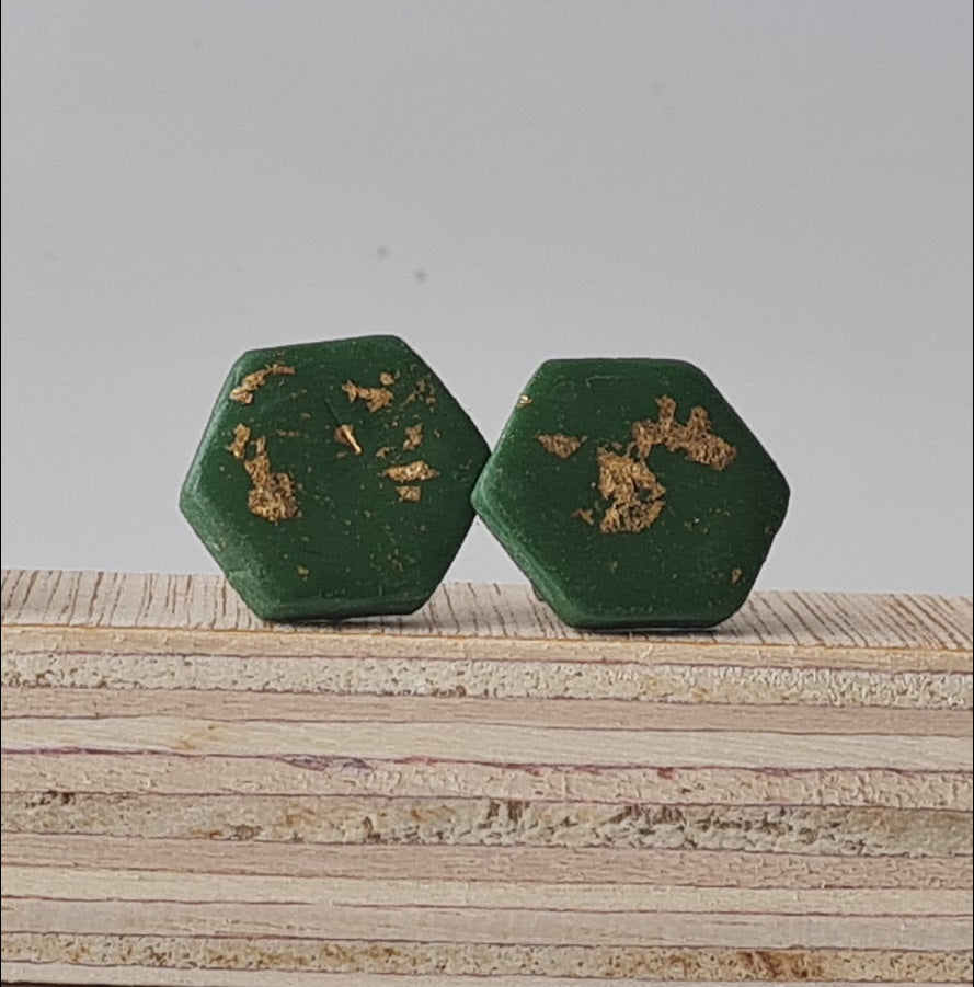 Green Hexagonal Gold Leaf Stud